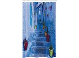Abakuhaus Tenda Da Doccia Blu Stretta, Fiori Colorati Su Strada, Set Decorativo Per Bagno In Tessuto Con Ganci, 120 X 180 Cm, Multicolore