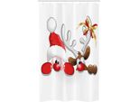 Abakuhaus Natale Tenda Da Doccia Stretta, Lustige Sankt-Ren, Set Decorativo Per Bagno In Tessuto Con Ganci, 120 X 180 Cm, Vermilion Caramel Bianco