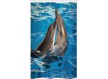 Abakuhaus Tenda Da Doccia Stretta Con Delfini, Fotografia Aqua Show, Set Decorativo Per Bagno In Tessuto Con Ganci, 120 X 180 Cm, Blu Scuro Taupe