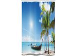 Abakuhaus Tenda Da Doccia Stretta Con Motivo Palma, Barca Di Legno Su Spiaggia Esotica, Set Decorativo Per Bagno In Tessuto Con Ganci, 120 X 180 Cm, Multicolore