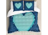 Abakuhaus Copripiumino Blu Navy E Verde Acqua, Denim-Herz-Liebe, Antiacaro, Adatto A Chi Soffre Di Allergie, Con Federe, 200 Cm X 200 Cm - 80 X 80 Cm, Blu Navy E Verde Acqua