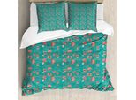 Abakuhaus Set Copripiumino Turchese Per Letti Matrimoniali, Foglie Astratte, Antiacaro, Adatto A Chi Soffre Di Allergie, Con Federe, Rosso Corallo Verde Acqua