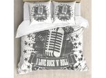 Abakuhaus Copripiumino Rockmusik, Microfono Retrò, Antiacaro, Adatto A Chi Soffre Di Allergie, Con Federe, 155 Cm X 220 Cm - 80 X 80 Cm, Grigio Bianco