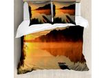Abakuhaus Copripiumino See, Barca Sulla Costa Nebbiosa, Antiacaro, Adatto A Chi Soffre Di Allergie, Con Federe, 155 Cm X 220 Cm - 80 X 80 Cm, Arancione Verde Scuro Giallo