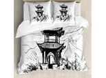 Abakuhaus Copripiumino Vintage China, Sketch Pavilion, Antiacaro E Anallergico, Con Federe, 155 Cm X 220 Cm - 80 X 80 Cm, Bianco E Nero