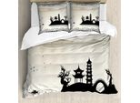 Abakuhaus Copripiumino Vintage Cina, Paesaggio Moderno, Antiacaro, Adatto A Chi Soffre Di Allergie, Con Federe, 200 Cm X 200 Cm - 80 X 80 Cm, Nero Beige