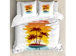 Abakuhaus Copripiumino Da Spiaggia, Palme Esotiche Tramonto, Antiacaro Adatto A Chi Soffre Di Allergie Con Federe, 200 Cm X 200 Cm - 80 X 80 Cm, Arancione Azzurro Marrone