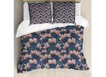 Abakuhaus Set Copripiumino Per Letti Matrimoniali, Fiori Di Magnolia Giappone, Antiacaro, Adatto A Chi Soffre Di Allergie, Con Federe, Blu Scuro Rosso Corallo