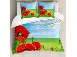 Abakuhaus Copripiumino Mohn, Sunny Day Fiori Rossi, Antiacaro, Adatto A Chi Soffre Di Allergie, Con Federe, 200 Cm X 200 Cm - 80 X 80 Cm, Rosso Pallido Blu Verde