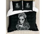 Abakuhaus Giorno Dei Morti Copripiumino, Calavera Ragazza, Antiacaro Adatto A Chi Soffre Di Allergie Con Federe, 155 Cm X 220 Cm - 80 X 80 Cm, Charcoal Grey Pale Grigio