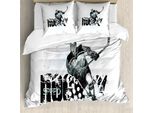 Abakuhaus Copripiumino Hockey Su Ghiaccio, Disegno Di Giocatore Grunge, Antiacaro, Adatto A Chi Soffre Di Allergie, Con Federe, 155 Cm X 220 Cm - 80 X 80 Cm, Nero Bianco Azzurro Pallido