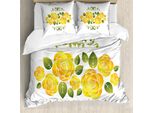 Abakuhaus Set Copripiumino Giallo Per Letti Matrimoniali, Rose Con Cornice A Volute, Antiacaro, Adatto A Chi Soffre Di Allergie, Con Federe, Verde Felce E Calendula Gialla