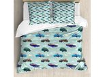 Abakuhaus Copripiumino Autos, Design Astratto Retro-Fahrt, Antiacaro, Adatto A Chi Soffre Di Allergie, Con Federe, 200 Cm X 200 Cm - 80 X 80 Cm, Pale Blue Teal Umber