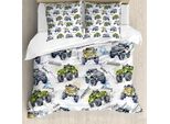 Abakuhaus Copripiumino Con Auto, Disegnato A Mano Monster Truck, Antiacaro, Adatto A Chi Soffre Di Allergie, Con Federe, 200 Cm X 200 Cm - 80 X 80 Cm, Giallo Lavanda-Blu
