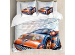 Abakuhaus Copripiumino Autos, Auto Da Corsa In Stile Cartone Animato, Antiacaro, Adatto A Chi Soffre Di Allergie, Con Federe, 200 Cm X 200 Cm - 80 X 80 Cm, Arancione Blu Nero