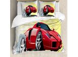 Abakuhaus Copripiumino Autos, Cartoon Vehicle, Resistente Agli Acari, Adatto A Chi Soffre Di Allergie, Con Federe, 155 Cm X 220 Cm - 80 X 80 Cm, Rosso, Giallo, Grigio