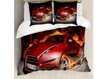 Abakuhaus Copripiumino Auto, Pneumatici Bruciati Auto Sportiva, Antiacaro, Adatto A Chi Soffre Di Allergie, Con Federe, 155 Cm X 220 Cm - 80 X 80 Cm, Rosso Nero Arancione
