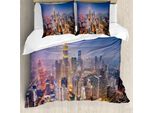 Abakuhaus Copripiumino Urbano, Skyline Della Città, Antiacaro, Adatto A Chi Soffre Di Allergie, Con Federe, 200 Cm X 200 Cm - 80 X 80 Cm, Arancione Giallo Blu