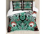 Abakuhaus Copripiumino Zombie, Teschi E Fantasmi Retrò, Antiacaro E Anallergico, Con Federe, 155 Cm X 220 Cm - 80 X 80 Cm, Verde Giada-Salmone-Nero