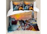 Abakuhaus Set Copripiumino Tramonto Per Letti Matrimoniali, Tetti A Punta Della Vecchia Costa Cittadina, Antiacaro, Adatto A Chi Soffre Di Allergie, Con Federe, Multicolore