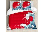 Abakuhaus Copripiumino Giapponese, Red Sun Tsunami, Antiacaro, Adatto A Chi Soffre Di Allergie, Con Federe, 155 Cm X 220 Cm - 80 X 80 Cm, Rosso Blu Bianco