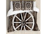 Abakuhaus Copripiumino Stall-Holz-Wagon Wheel, Parete In Legno, Antiacaro, Adatto A Chi Soffre Di Allergie, Con Federe, 200 Cm X 200 Cm - 80 X 80 Cm, Marrone Scuro E Bianco
