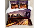 Abakuhaus Copripiumino Stadt, Brooklyn Bridge Traffic, Antiacaro, Adatto A Chi Soffre Di Allergie, Con Federe, 200 Cm X 200 Cm - 80 X 80 Cm, Viola, Arancione Scuro, Giallo