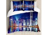 Abakuhaus Copripiumino Stadt, Hong Kong Island Moderno, Antiacaro, Adatto A Chi Soffre Di Allergie, Con Federe, 200 Cm X 200 Cm - 80 X 80 Cm, Blu Reale, Arancione, Bianco