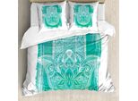 Abakuhaus Copripiumino Hamsa, Motivo Floreale Etnico Grunge, Antiacaro E Anallergico, Con Federe, 200 Cm X 200 Cm - 80 X 80 Cm, Turchese E Bianco