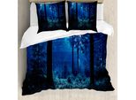 Abakuhaus Copripiumino Notte, Misty Autunno Paesaggio Naturale, Antiacaro Adatto A Chi Soffre Di Allergie Con Federe, 200 Cm X 200 Cm - 80 X 80 Cm, Blu, Verde, Bianco