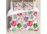 Abakuhaus Set Copripiumino Succoso Per Letti Matrimoniali, Peonie, Rose E Cactus, Antiacaro, Adatto A Chi Soffre Di Allergie, Con Federe, Multicolore