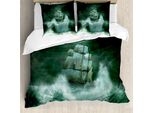 Abakuhaus Set Copripiumino Nave Pirata Per Letti Matrimoniali, Tempesta, Antiacaro Adatto A Chi Soffre Di Allergie Con Federe, Verde Giada Verde Scuro Bianco