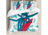 Abakuhaus Cavalca L'onda Copripiumino, Surfer Octopus, Antiacaro, Adatto A Chi Soffre Di Allergie, Con Federe, 155 Cm X 220 Cm - 80 X 80 Cm, Blu Petrolio Turchese