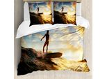 Abakuhaus Cavalca L'onda Copripiumino, Sunset Surf Donna, Antiacaro, Adatto A Chi Soffre Di Allergie, Con Federe, 155 Cm X 220 Cm - 80 X 80 Cm, Blu Seppia