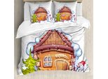 Abakuhaus Copripiumino Natalizio, Casa Caricaturale, Antiacaro, Adatto A Chi Soffre Di Allergie, Con Federe, 155 Cm X 220 Cm - 80 X 80 Cm, Caramello Verde Bianco