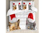 Abakuhaus Copripiumino Natalizio, Gatto Cane Cappellino Natalizio, Antiacaro, Adatto A Chi Soffre Di Allergie, Con Federe, 155 Cm X 220 Cm - 80 X 80 Cm, Arancione, Grigio, Rosso