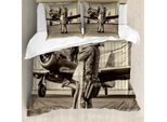 Abakuhaus Copripiumino Weinlese-Flugzeug, Heimkehr, Antiacaro, Adatto A Chi Soffre Di Allergie, Con Federe, 155 Cm X 220 Cm - 80 X 80 Cm, Color Seppia