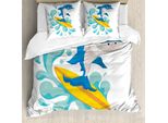 Abakuhaus Cavalca L'onda Copripiumino, Divertente Shark Surf, Antiacaro Adatto A Chi Soffre Di Allergie Con Federe, 200 Cm X 200 Cm - 80 X 80 Cm, Viola Blu Turchese