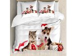 Abakuhaus Copripiumino Natalizio, Cane Gatto Con Regali, Antiacaro, Adatto A Chi Soffre Di Allergie, Con Federe, 155 Cm X 220 Cm - 80 X 80 Cm, Rosso, Bianco, Marrone