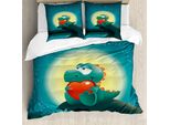 Abakuhaus Copripiumino Con Dinosauri, Romantico Dino, Antiacaro, Adatto A Chi Soffre Di Allergie, Con Federe, 155 Cm X 220 Cm - 80 X 80 Cm, Verde Acqua Arancione