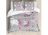Abakuhaus Copripiumino Unicorno Gatto, Mermaid Cat, Antiacaro, Adatto A Chi Soffre Di Allergie, Con Federe, 200 Cm X 200 Cm - 80 X 80 Cm, Grigio Rosa Pallido Bianco