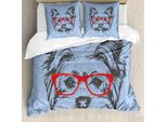 Abakuhaus Copripiumino Yorkie, Fun Portrait Occhiali Rossi, Antiacaro Adatto A Chi Soffre Di Allergie Con Federe, 155 Cm X 220 Cm - 80 X 80 Cm, Pale Blue Grey Vermilion