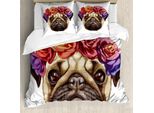 Abakuhaus Copripiumino Mops, Corona Di Fiori Fun, Antiacaro, Adatto A Chi Soffre Di Allergie, Con Federe, 155 Cm X 220 Cm - 80 X 80 Cm, Marrone Chiaro, Viola, Rosso