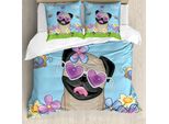 Abakuhaus Copripiumino Mops, Cuccioli Su Un Campo Fiorito, Antiacaro, Adatto A Chi Soffre Di Allergie, Con Federe, 155 Cm X 220 Cm - 80 X 80 Cm, Blu Cielo Multicolore
