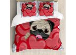Abakuhaus Copripiumino Mops, Valentines Inspired Dog, Antiacaro, Adatto A Chi Soffre Di Allergie, Con Federe, 155 Cm X 220 Cm - 80 X 80 Cm, Rosso, Nero, Marrone Chiaro