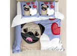 Abakuhaus Copripiumino Mops, Happy Dog Con Cuori, Antiacaro, Adatto A Chi Soffre Di Allergie, Con Federe, 155 Cm X 220 Cm - 80 X 80 Cm, Marrone Chiaro-Rosso