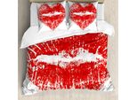 Abakuhaus Copripiumino Kuss, Heart Shaped Lippenstift Mark, Antiacaro E Anallergico, Con Federe, 155 Cm X 220 Cm - 80 X 80 Cm, Rosso E Bianco