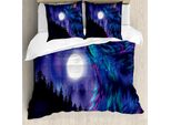 Abakuhaus Copripiumino Luna, Aurora Borealis E Lupo, Antiacaro, Adatto A Chi Soffre Di Allergie, Con Federe, 200 Cm X 200 Cm - 80 X 80 Cm, Indigo Aqua Magenta