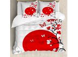 Abakuhaus Copripiumino Giapponese, Ciliegio Sakura, Antiacaro, Adatto A Chi Soffre Di Allergie, Con Federe, 155 Cm X 220 Cm - 80 X 80 Cm, Vermiglio, Nero, Bianco
