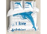 Abakuhaus Copripiumino Delfino, Animali Marini Cartoon, Antiacaro, Adatto A Chi Soffre Di Allergie, Con Federe, 155 Cm X 220 Cm - 80 X 80 Cm, Blu Bianco
